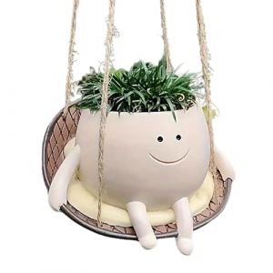 Pot de fleurs suspendu avec balançoire et visage souriant, joli pot de fleurs, pot de fleurs suspendu pour plantes, pots de fleurs en résine pour l'extérieur et l'intérieur, pot de fleurs suspendu (Rosa Business, neuf)