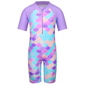 HUAANIUE Filles Maillot de Bain 1 Pièce 2-12 Ans, Anti-UV UPF 50+ Manches Courtes, Fermeture Éclair Frontale, Imprimés Colorés, Idéal pour Plage et Piscine (S459-Écailles Violettes, 8-10 Ans) (HUANQIU EUR STORE, neuf)
