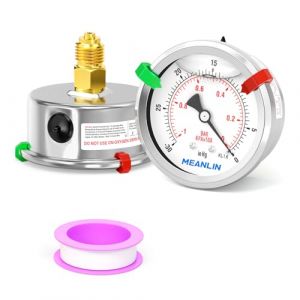 MEANLIN MEASURE -1~0Bar/-30inHg~0Psi Manom&egrave;tre &agrave; vide 1/4" BSP 2.5" cadran frontal, manom&egrave;tre &agrave; liquide en acier inoxydable &agrave; montage arri&egrave;re WOG eau huile air (avec 2 boutons-pression) (MEANLIN, neuf)
