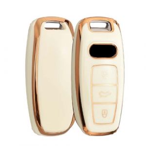 HIBEYO Coque de Protection Intelligente en Silicone pour cl&eacute; de Voiture Audi A6L A6 A7 A8 Q7 Q8 Q5 RS7 E-tron A8L TFSLe - 3 Boutons - Or Blanc (bingomotor, neuf)