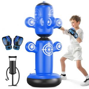 QPAU Sac de frappe rotatif à 360° pour enfants, grand sac de boxe de 162,6 cm avec gants, pompe à main et 6 cibles, sac de frappe gonflable, cadeau de karaté pour garçons et filles (bleu) (XFR-EU, neuf)