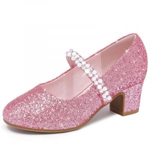 LAURMOSA Chaussures Talon Enfant Fille Chaussure Princesse Fille Mary Jane Talon Enfant Princesse Perles Rose 34.5 Paillettes Mariage Anniversaire Festivité Danse Soirée Cérémonie (FRL1039ShPink 4) (Tentops, neuf)