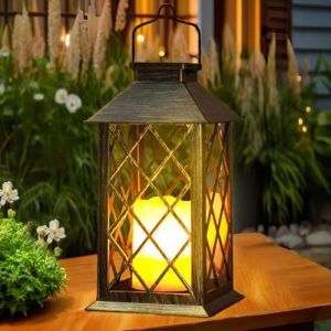 Yowin Lanterne Solaire Exterieur Grande Lampe Solaire Jardin avec Bougie, Verre Trempé, Lampe de Table Étanche Suspension Lampe, Solaire Exterieur a Poser pour Balcon Jardin Terrasse Deco - Bronze (Yowin, neuf)