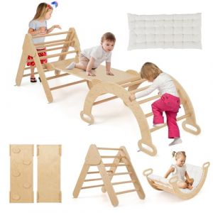 GOPLUS 7 en 1 Triangle Arche Montessori avec Coussin, Arche d'escalade Enfants avec Toboggan Bois,Rampe, &Eacute;chelle R&eacute;glable, Charge 50KG, pour Tout-Petits B&eacute;b&eacute; 1 Ans+ (7 en 1 + Coussin,Naturel) (Augenstern24, neuf)