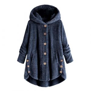 KHIRVWL Veste D'hiver En Polaire R&eacute;versible Pour Femme - Manteau En Laine Boutonn&eacute;e - Manteau D'hiver &agrave; Capuche- Blouson Pelucheuse Avec Poche - Outerwear De Couleur Unie De Pyjama (KHIRVWL-FR, neuf)