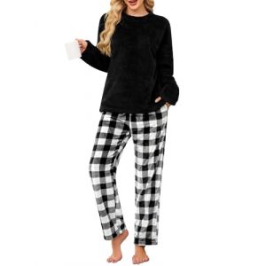 UMIPUBO Pyjama Femme Hiver Polaire Ensemble de Pyjama Pilou Chaud et Doux V&ecirc;tements de Nuit Flanelle 2 Pi&egrave;ces Combinaison Manche Longues Wear Pijamas Sleepwear avec Poches Cadeau (Noir+Gris, XL) (Bukely, neuf)