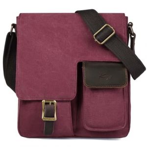Kasgo Sacoche Homme, Petit Sac Bandouli&egrave;re Homme Vintage Pochette en Toile Sac Port&eacute; Epaule avec Multi-Poches pour Tablette Travail Affaires Voyage &Eacute;cole Bourgogne (KASGOSHOP, neuf)