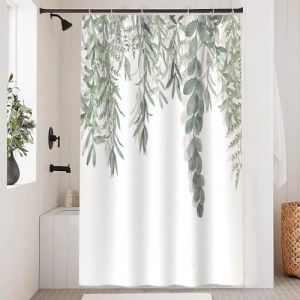 Uiiooazy Rideau Douche Vert, Rideau de Douche Anti Moisissure 120x200cm Feuilles d'eucalyptus Botanique Rideaux de Baignoire Tissu Lavable Imperm&eacute;able Polyester Rideaux Salle de Bain avec 8 Crochets (dongguibinjingpinxiaodianpu, neuf)