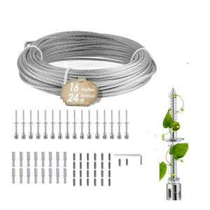 NEWFUN Cable Plante Grimpante Exterieur, 24 M, 16 Supports, Tuteur en Acier Inoxydable pour Plantes Grimpantes Telles Que Roses, Vignes et Tomates, Aide &agrave; la Croissance des Plantes Grimpantes (guangfanouzhou, neuf)