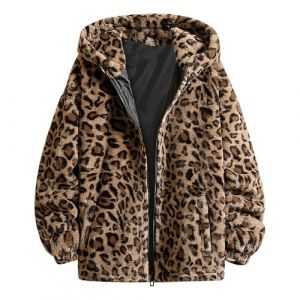 Duohropke Veste polaire pour homme - Sweat &agrave; capuche en polaire l&eacute;opard - Veste d'hiver doubl&eacute;e - Veste d'hiver d&eacute;contract&eacute;e - Veste d'ext&eacute;rieur - Parka moelleuse en fourrure, marron, XXL (PANGCON, neuf)