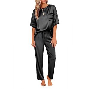 Ekouaer Pyjama Femme Manches Courtes Satin Vetement Ete Pantalon Femme L&eacute;g&egrave;re Ensemble Pyjama Col O Doux, Noir, XXL (Ekouaer EU, neuf)
