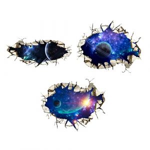 SUPERDANT 3Pcs 3D Espace Stickers Muraux Autocollants Espace Cass&eacute; Sticker Mural Autocollant Plan&egrave;te Autocollant Mural Peintures Murales D&eacute;cor Vinyle DIY Art Autocollants D&eacute;coratifs (SUPERDANT EU, neuf)
