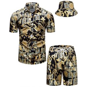 fohemr hommes baroque ensemble de deux pièces or motif chaîne noir chemise short avec chapeau de pêcheur Casual set vacances d'été plage set 4X-Large (fohemr, neuf)