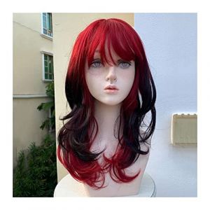 Perruques pour femmes Perruque frisée longue perruque synthétique ondulée avec frange rouge dégradé noir Lolita Cosplay perruque naturelle résistante à la chaleur perruque for fête quotidienne Costume (zhangruiuk, neuf)