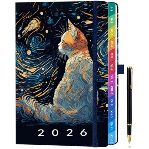 Agenda 2026 Semainier A5 – Planificateur Hebdomadaire et Mensuel avec Onglets, Pages en Couleur, Couverture en Cuir PU, Pochette de Rangement et Stylo (Janvier 2026 - Décembre 2026) - Chat (ZXNOC, neuf)