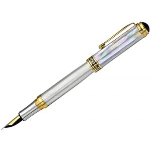 Xezo Maestro stylo plume, pointe moyenne. Argent massif 925 sterling avec nacre blanche oc&eacute;anique et plaquage or 18 carats. Fabriqu&eacute; &agrave; la main, &eacute;dition limit&eacute;e, num&eacute;rot&eacute; en s&eacute;rie (XEZO, neuf)