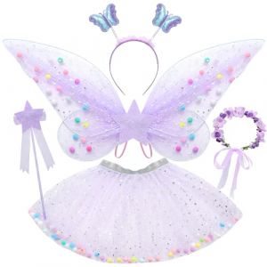 Tacobear 5 Pi&egrave;ces D&eacute;guisement F&eacute;e Enfant Ailes De F&eacute;e De Papillon Fille Jupe Tutu Baguette Magique Princesse Couronne Fleur Cheveux Costume Carnaval Enfant D&eacute;guisement Papillon Fille 3 4 5 6 7 8 Ans (vamei, neuf)