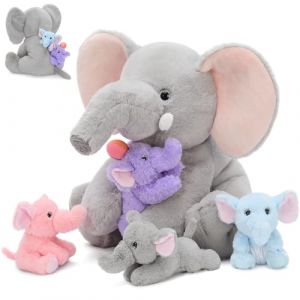 MorisMos &Eacute;l&eacute;phant Peluche G&eacute;ante XXL 40cm avec 4 B&eacute;b&eacute;s dans Le Ventre,Grande &Eacute;l&eacute;phant en Peluche R&eacute;aliste Douce Mignon, Id&eacute;e Cadeau Noel pour Enfant Filles Gar&ccedil;ons Anniversaire D&eacute;corations (CYBIL TOY, neuf)