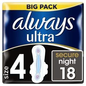 Always Ultra Secure Night Lot de 2 serviettes hygi&eacute;niques Ailettes 18 serviettes Taille 4 (At Rosso, neuf)