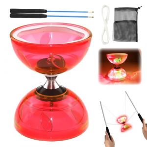 KUWUNG Diabolo LED avec roulement à billes, 4,5 mm - Diabolo lumineux - Kit de jonglage avec baguettes manuelles - Roue libre - Outil de cirque pour adultes, débutants et professionnels (rouge) (KUWUNG, neuf)