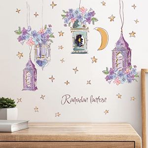Ramadan Stickers Muraux Décoration Murale Eid Mubarak Art Mural Décoration PVC Sticker Mural Etoile Lanterne Lune Autocollant Miroir Islamique Décoration Murale pour Maison Chambre (B) (Meema EU, neuf)