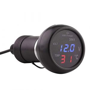 Kuuleyn Voltmètre Allume-Cigare, Camion de Voiture 3in1 Double Affichage numérique LED voltmètre thermomètre Allume-Cigare USB Chargeur de Voiture(Bleu + Rouge) (Karsew, neuf)
