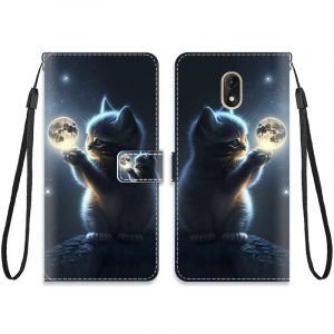 KARTXITAI Cuir Coque Compatible avec Wiko Lenny 5 Antichoc avec Support Clapet Design Motif Dr&ocirc;le &Eacute;tui Bumper Portefeuille Magn&eacute;tique Cr&eacute;atif Case Cover Housse-Lune Chat,Ciel,&eacute;toiles (KARTXITAI, neuf)