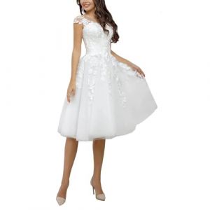 Robe de mari&eacute;e courte en tulle pour mari&eacute;e avec appliques en dentelle sans manches longueur genou robe de mari&eacute;e pour femmes, 38 (huizhoushiduolameizhaomingyouxiangongsi, neuf)