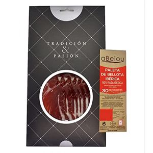 aBeiou. JAMBON IBÉRIQUE DE GLAND EN TRANCHES - Épaule. Affiné +30 mois à Guijuelo (Salamanque). Certificat de garantie Hycer. Patanegra. caisse de 100gr (SICNAS, neuf)