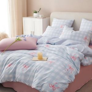 Freyamy Housse de Couette 240x260+2 Taie d'oreiller 65x65cm Rose Bleu Plaid Nœud Papillon Parure de lit 2 Personnes Adulte Sets de Housse Couette en Microfibre avec Fermeture Éclair (Mitchell'SZ, neuf)