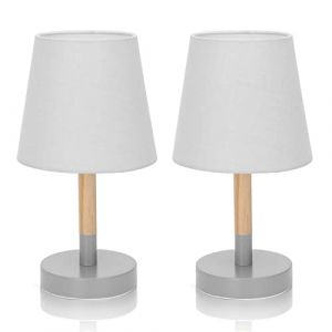 Aigostar Lot de 2 Lampe de Table Moderne en Bois, Lampe de Chevet avec Abat-jour en Tissu gris et Base en M&eacute;tal, Douille E14, Vintage pour Chambre, Salon (AIGOTECH, neuf)