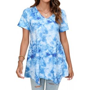 Enmain Tunique Femme Longue Grande Taille Ete Tunique de Femme à Manche Courte Col en V Tunique Femme Chic et élégant de Été Plage,Hellblau,3XL (ELOOKEUR, neuf)
