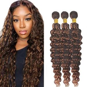 AiPliantfis Tissage Bresilien en lot Tissage Cheveux Humain Deep Wave Human Hair 3 Bundles P430 Highlight Brown Grade 8 A Brazilian Remy Hair Real Hair for Women 16 18 20 Pouce (GongBei Hair, neuf)