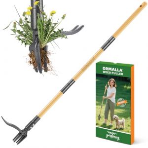 Ormalla Désherbeur Manuel 1.1m Longueur, Arrache Pissenlit, Manche en Bambou Naturel et 4 Griffes en Métal, Désherbeur de Jardin Debout avec des Gants de Jardinage, Adapté Aux Animaux (Upgrade) (Ormalla, neuf)