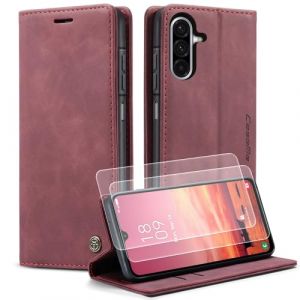 Jumzik Coque pour Samsung Galaxy A26 5G Etui Housse Premium en Cuir Protection Pochette Portefeuille Rabat Clapet Cover Porte Carte Magnétique Flip Case pour Samsung A26-2 Verre Trempé (Vin Rouge) (Jumzik store, neuf)