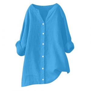 RLEHJN Chemise Femme Lin Tunique Femme Longue Chemisier Coton Et Lin Pour Femmes Col En V Bouton Manche Longue Tops Couleur Unie L&acirc;che Respirant Tunique Grande Taille Pas Cher Chemise De Travail Ample (⭐⭐⭐⭐⭐RLEHJN, neuf)