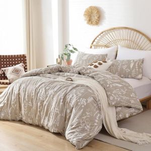 Freyamy Housse de Couette Floral 240x260+2 Taie d'oreiller 65x65cm Blanc Kaki Fleurie Imprimé Parure de lit 2 Personnes Adulte Fleurs Sets de Housse Couette en 100% Microfibre avec Fermeture Éclair (Mitchell'SZ, neuf)