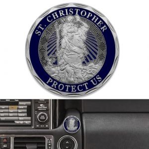 Anwlki Médaille Saint-Christophe de 4 cm de diamètre pour voiture - Médaille de Saint Christophe - Avec 1 pièce de fer magnétique et 3 autocollants double face (vieux argenté) (Anwlki, neuf)