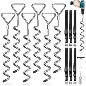 Lot de 6 piquets d'ancrage au Sol pour Trampoline – Ancrage au Sol avec 6 Sangles (Longueur 2,5 m) – Les piquets Heavy Duty résistent au Vent élevé, idéal pour Trampoline en Plein air (Payivsve EU, neuf)