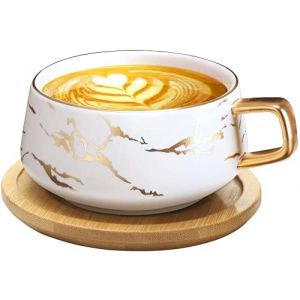 VETIN Tasses &agrave; cappuccino avec soucoupe, tasse en marbre, 300 ml, en porcelaine, pour th&eacute;, caf&eacute;, cappuccino, tasses &agrave; caf&eacute; avec disque en bois (Blanc) (VETIN, neuf)