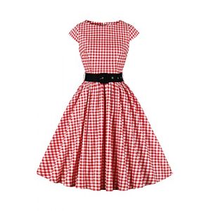 AXOE Femme Robe Vintage Ann&eacute;es 50 Tissu Coton Respirant Coupe A-Line Ceinture Amovible Col Bateau Blanche &agrave; Pois Rouge, Taille 50, 4XL (AXOE-FR, neuf)
