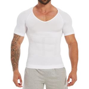 MISS MOLY Shapewear T-shirt de compression gainant pour homme - &Eacute;lastique - Coupe ajust&eacute;e - Sous-v&ecirc;tement fonctionnel pour le ventre, Blanc., M (Summer Holiday Life, neuf)
