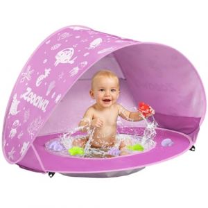 Zooawa Tente Anti-UV Bébé, Grande Tente de Plage pour Bébé avec Mini-Piscine-Système Pop-Up avec Jouets, Protection Solaire FPS 50+ pour Maison, Cour, Camping, Rose (Joiel EU, neuf)
