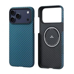pitaka Coque Magn&eacute;tique pour iPhone 17 Pro en Fibre Aramide de Qualit&eacute; A&eacute;ronautique avec PitaTap Bouton de l'appareil Photo Housse Compatible avec Magsafe &Eacute;tui Mince et L&eacute;ger [Ultra-Mince] Noir/Bleu (PITAKAofficial, neuf)