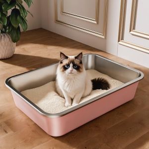 Bac Litiere pour Chat en INOX, Bac &agrave; Liti&egrave;re pour Grands Chats, Chatons et Lapins, Caisse Chat Litiere XXL, Litiere Toilette pour Maine Coon, Anti-Adh&eacute;rent, Anti-Odeurs (Rose, 50 * 35 * 10cm) (ICOYEA, neuf)