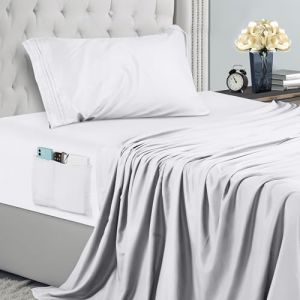 Utopia Bedding Parure de Lit 3 Pièces (90x190, Blanc), Draps de Lit 1 Personne, Polyester Microfibre, Drap Housse avec Poches de Rangement, Drap Plat et 1 Taie d'oreiller Brodé (Utopia Deals Europe, neuf)