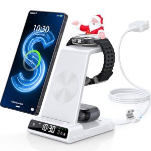 Chargeur Induction Fil pour Samsung Galaxy S24 Ultra/S25, Chargeur sans Fil avec Horloge num&eacute;rique pour Samsung Galaxy Watch 8/7, Wireless Charger pour Galaxy S23, Fold 7/Flip 4, Active 2 (Blanc) (ZenGoose EU, neuf)