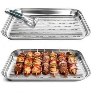 Niuny Plat Barbecue 34,9x24,5x2,7cm Plat de Cuisson Barbecue avec Trous 2pcs R&eacute;utilisables Plaque Inox pour Barbecue avec 1 Pince &agrave; Griller Accessoires Barbecue (2PCS) (Niuny, neuf)