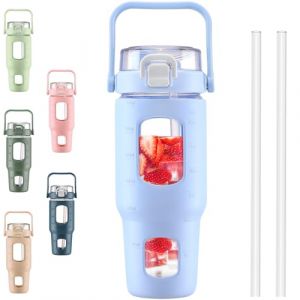 BLUEGO 960ml Gourd en verre Avec paille Marqueur de temps Bouteille d'eau Motivation avec manchon en silicone 1 litre Grande carafe d'eau en Verre pour Gym, sports et entra&icirc;nement, Bleu clair (Banxiashenghua, neuf)