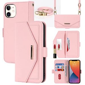 Cavor Coque Compatible avec iPhone 12/12 Pro Etui avec Cordon,Flip Portefeuille &Eacute;tui Cuir,[5 Porte Cartes][Miroir][Magn&eacute;tique][R&eacute;glable Collier] Housse - Rose (Copmob, neuf)